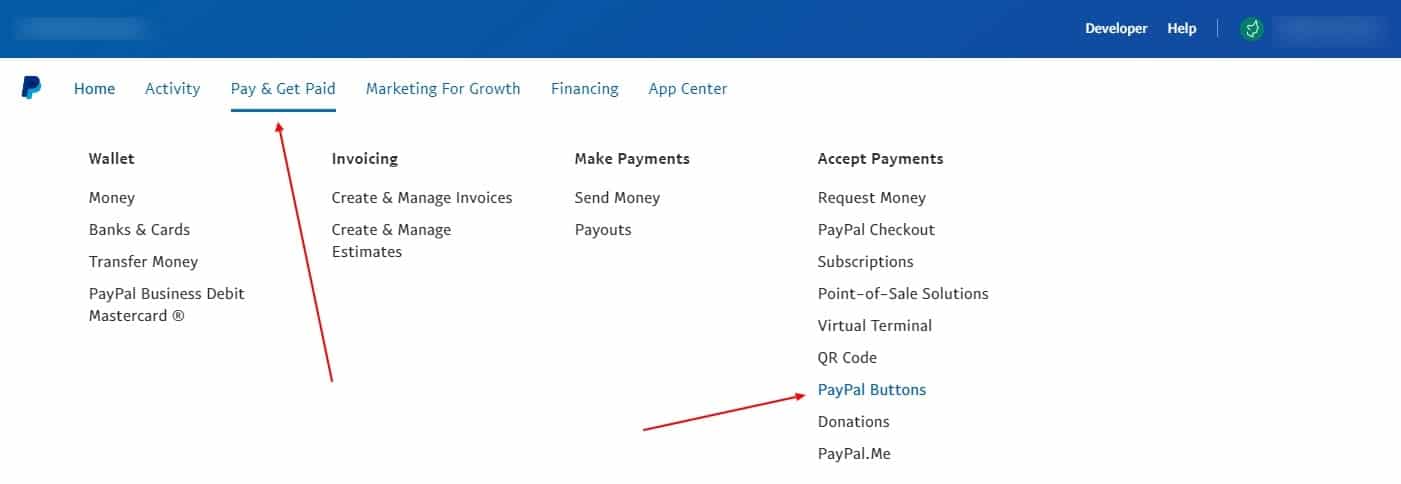 Website screenshot showing how to find the link to edit PayPal buttons