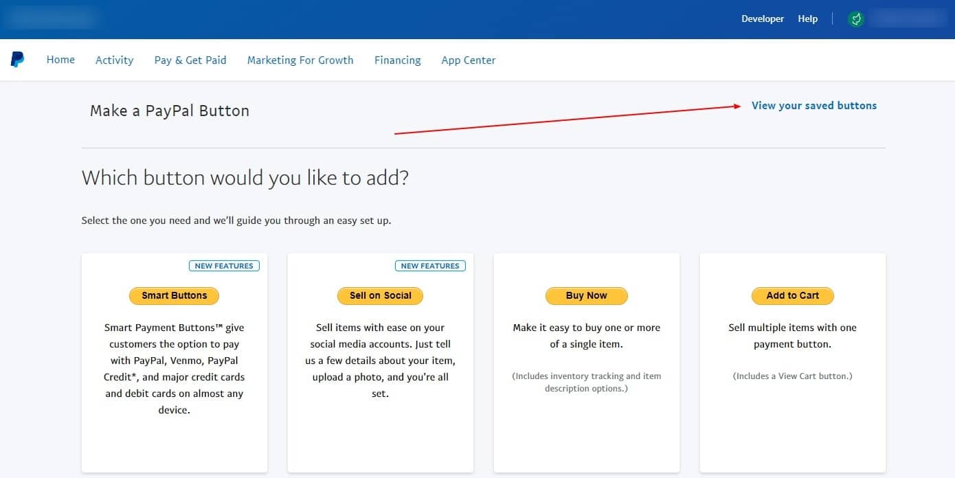Screenshot of website showing how to view saved PayPal buttons